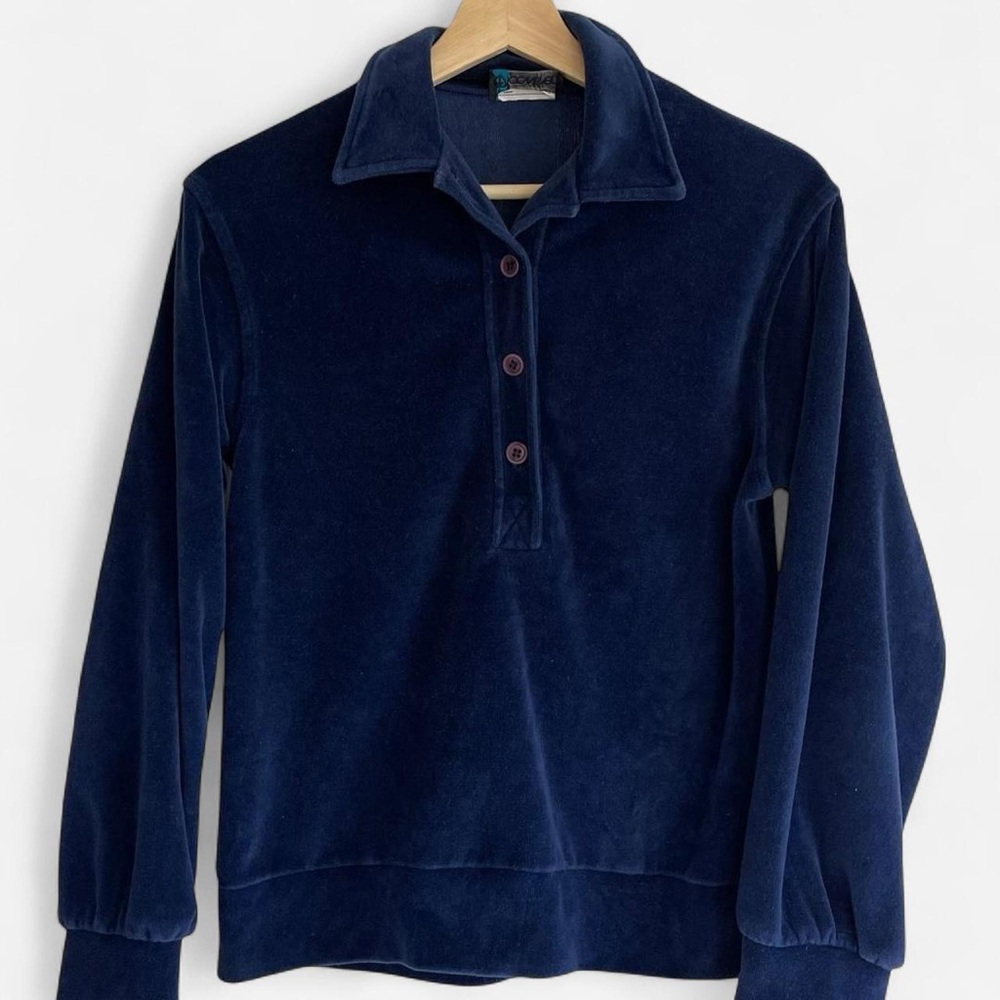 Vintage Panther Dark Navy Blue Velour Long Sleeve 1/2 Button Pullover - Picture 6 of 6